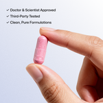 Pink capsule of Equi London Beauty Sleep Edition held between fingers with text about approval and testing on a light gray background
