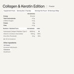 Nutritional information for Collagen & Keratin Edition powder on a white background
