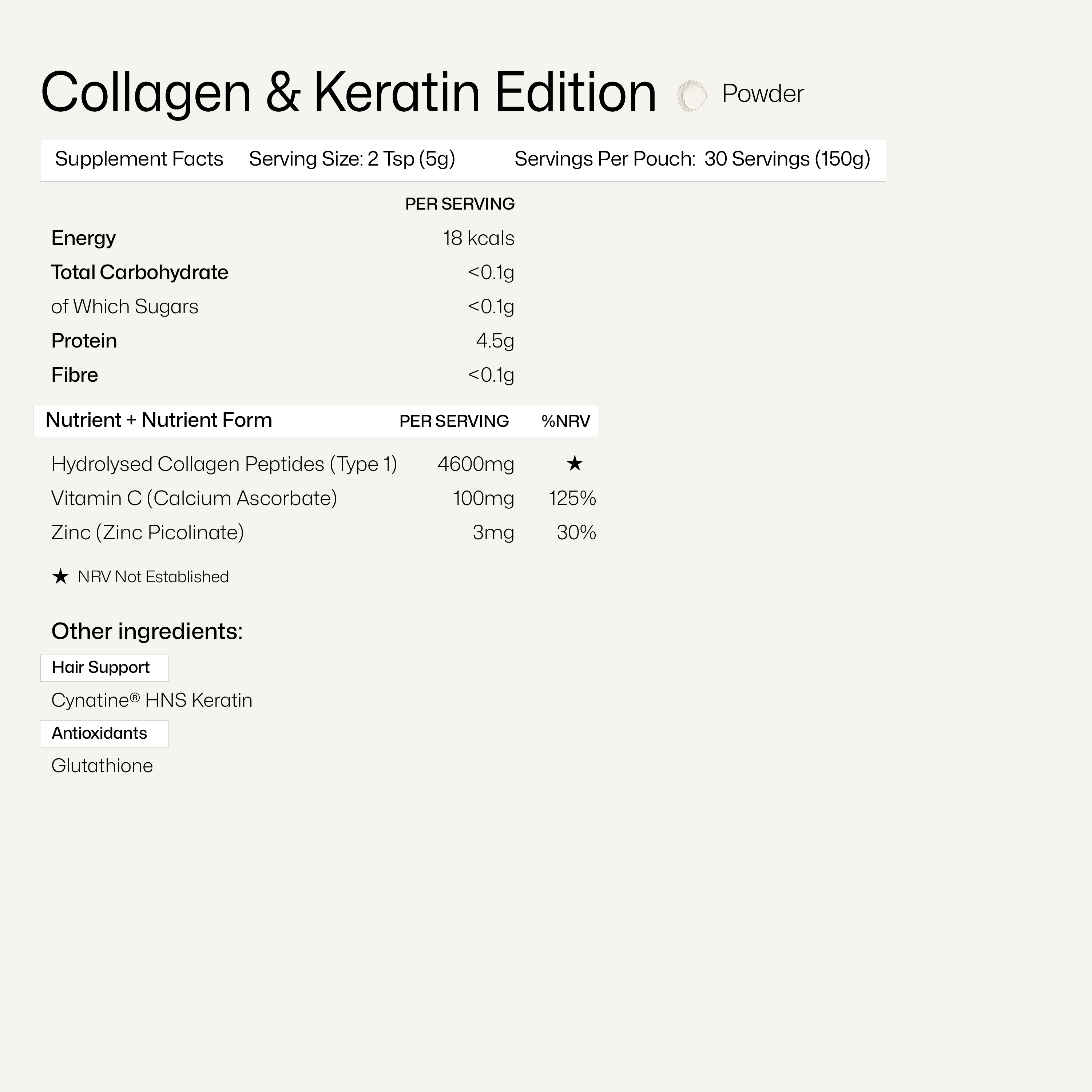 Nutritional information for Collagen & Keratin Edition powder on a white background