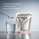EQUI London Collagen & Keratin Edition with a glass of water and spoon on a gray background with USP text