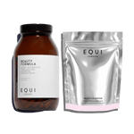 Two products from EQUI London: a glass jar labelled 'Beauty Formula' and a silver package labeled 'Beauty Oil Edition'.