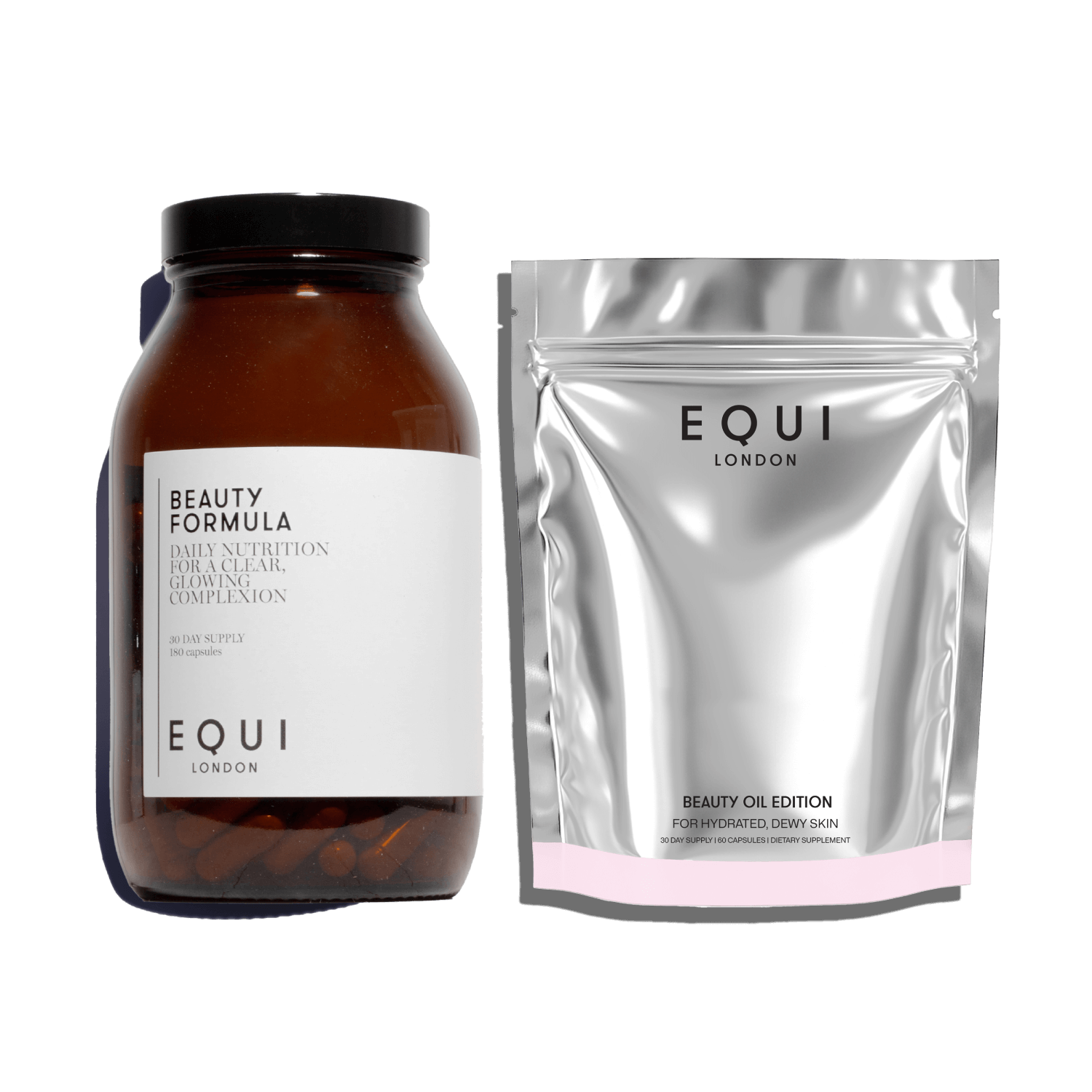 Two products from EQUI London: a glass jar labelled 'Beauty Formula' and a silver package labeled 'Beauty Oil Edition'.