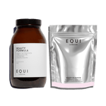Two products from EQUI London: a glass jar labelled 'Beauty Formula' and a silver package labeled 'Beauty Oil Edition'.