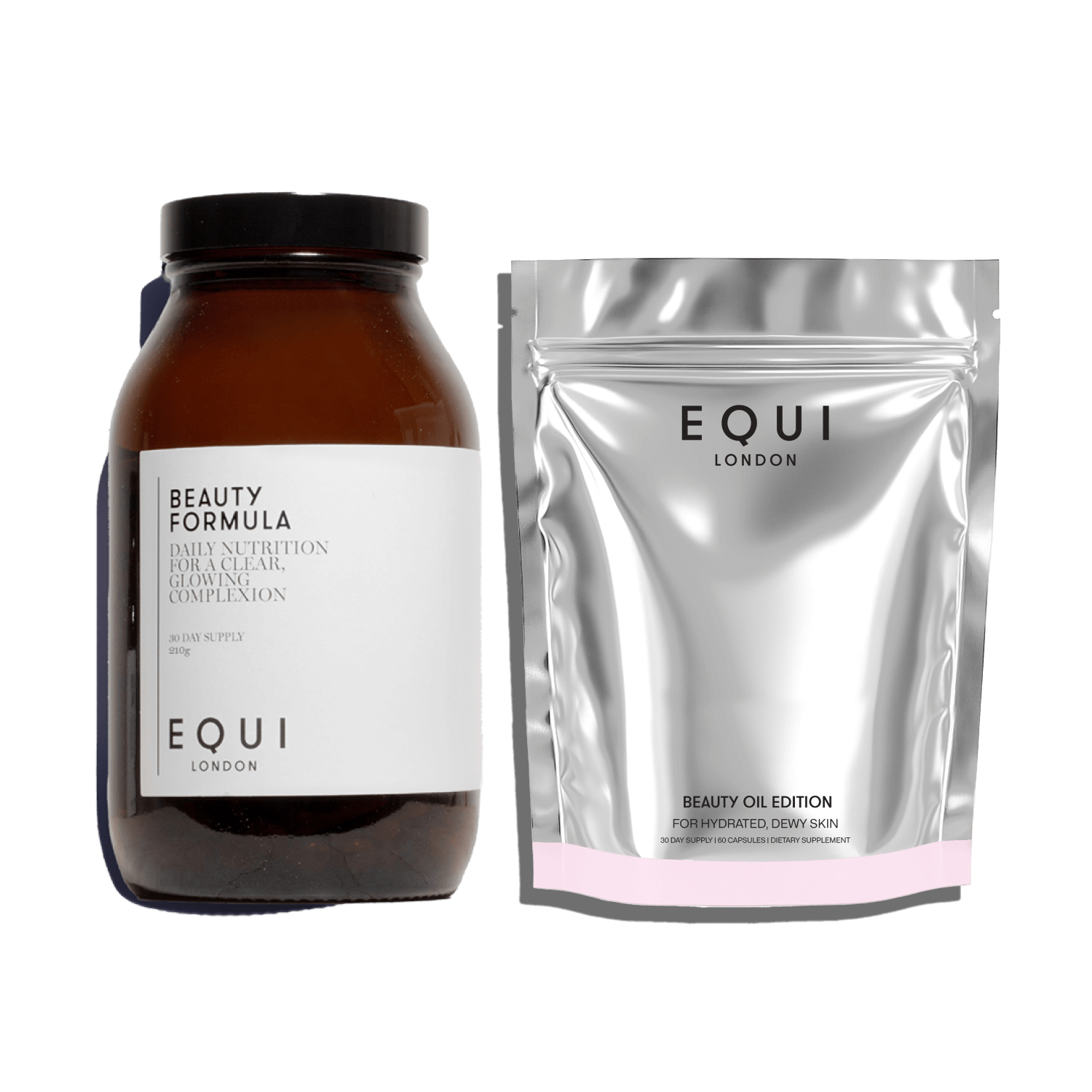 Two products from EQUI London: a glass jar labelled 'Beauty Formula' and a silver package labeled 'Beauty Oil Edition'.