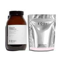 Two products from EQUI London: a glass jar labelled 'Beauty Formula' and a silver package labeled 'Beauty Oil Edition'.